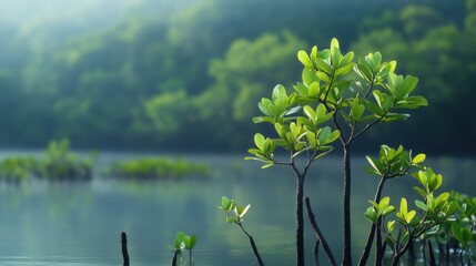 Mangrove trees and coastal wetlands on blur background 