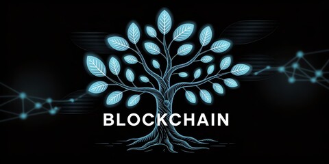 Futuristic glowing tree symbolizing blockchain technology on a dark background, representing digital growth.