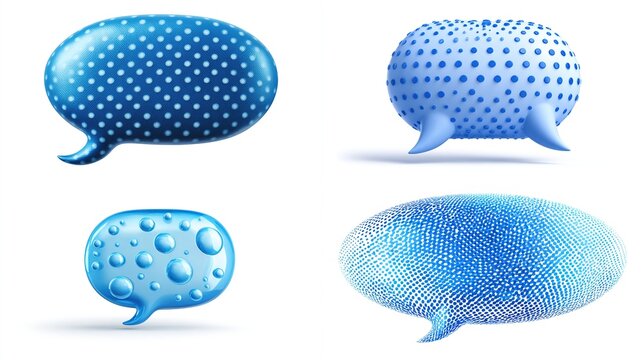 Four blue cartoonish 3D speech bubbles with unique patterns and textures against white - Powered by Adobe