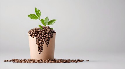 A young coffee plant sprouts from a cup filled with roasted coffee beans symbolizing the growth and renewal of the coffee cultivation process