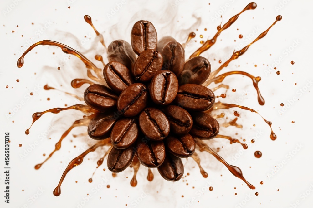 Poster steaming coffee beans explosion in mid-air with dynamic splashing motion against pure white backgrou