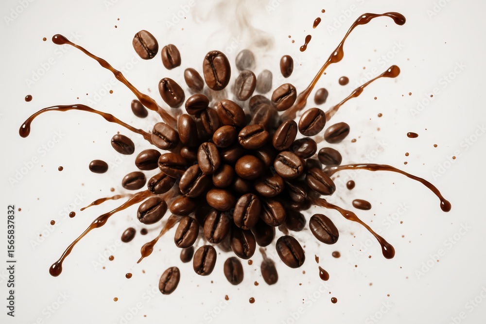 Poster steaming coffee beans explosion in mid-air with dynamic splashing motion against pure white backgrou