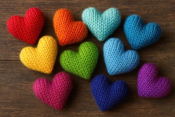 Obraz premium Hand-knitted rainbow hearts with soft wool texture creating cozy Valentine's theme