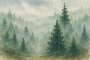Watercolor Forest Landscape with Misty Trees and Soft Atmospheric Painting Technique