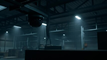 Surveillance inside factory:  A wide shot inside a dim factory is dominated by the omnipresent surveillance camera, suggesting security and monitoring. - Powered by Adobe