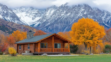Rustic log cabin in autumn mountains