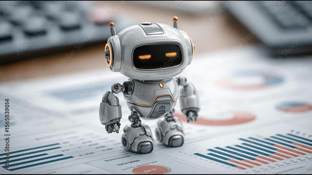 Poster advanced humanoid robot positioned on a table showcasing ai business assistant features and modern t