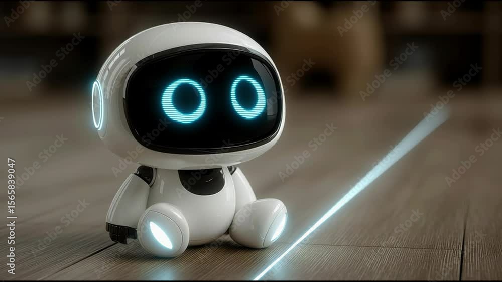 Poster robot sitting on a wooden floor in a modern space conceptualizing efficient business alignment track