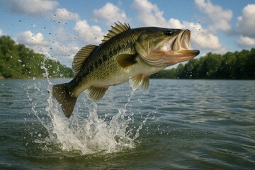 Largemouth bass leaping from crystal-clear lake water with dramatic splash