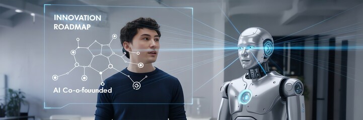 Futuristic scene with humanoid robot and man in discussion, showcasing innovation and AI technology advancements.