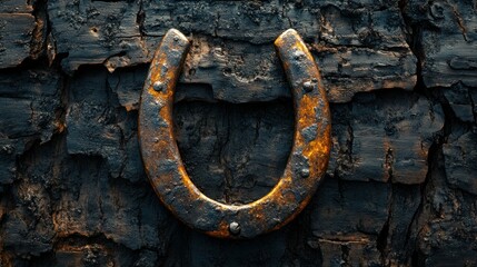 Rusty horseshoe on dark wood