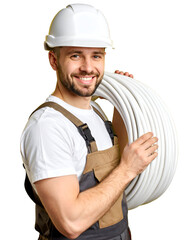 A smiling construction worker carrying a roll of white cable, wearing a white helmet and a work uniform. His expression radiates positivity and competence