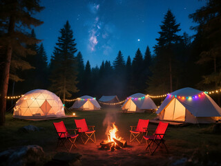 A lively night camping scene under a starry sky, with multiple illuminated tents adorned with colorful lights and a central glowing campfire.