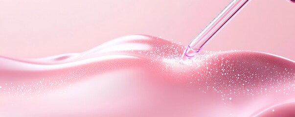 A serene and delicate abstract composition featuring a swirling glowing pink liquid with a soft silky texture and a gentle wavy motion