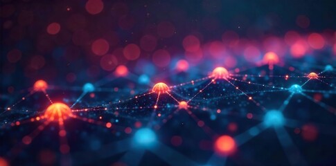 A network of glowing nodes and connecting lines symbolizing innovative ideas and collaborative connections in a futuristic technological landscape , idea, progress, data