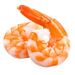 Two delicious cooked shrimp, showcasing their vibrant orange color and succulent appearance. A perfect choice for seafood lovers