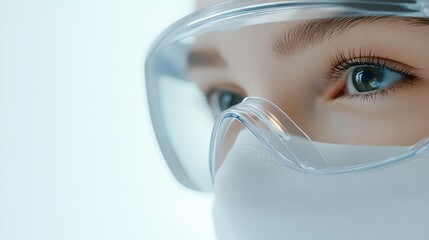 Close up view of a person s eye wearing a clear transparent protective medical shield or mask highlighting the importance of safety and prevention in healthcare settings