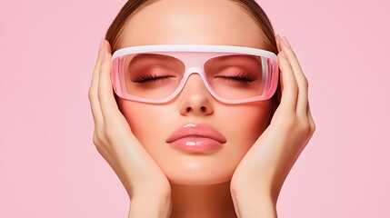 Elegant thoughtful looking woman wearing pink framed glasses posing for a beauty portrait against a pink background