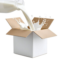 Milk being poured from a bottle into a box, splashing inside. The image captures the freshness and fluidity of the milk