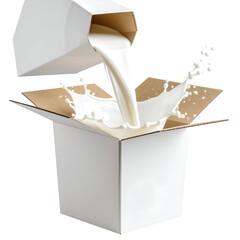Milk being poured from a carton into an open box, creating a splash