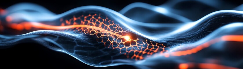 Mesmerizing abstract digital landscape with dynamic fractal like patterns and intense energy flows representing the power of futuristic technology and innovation