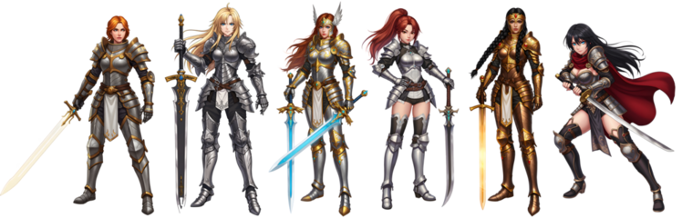 Collection of powerful female knight and warrior illustrations showcasing different fantasy armor styles and heroic poses.