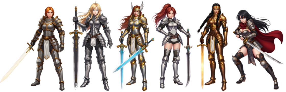 Collection of powerful female knight and warrior illustrations showcasing different fantasy armor styles and heroic poses.