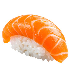 Close-up shot of fresh salmon nigiri sushi on rice. The fish shines, tempting viewers with its appetizing look
