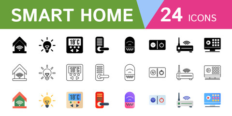 Smart home theme icon collection. Design smart home symbols, light bulbs, smart locks, voice assistant speakers and more.