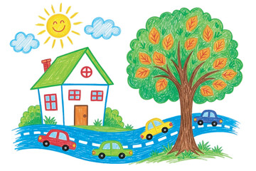 Charming Child's Drawing House, Cars, and Tree Illustration
