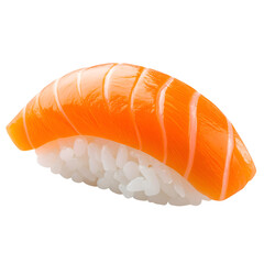 Salmon nigiri, a single piece of sushi, artfully presented. The glistening salmon topping contrasts beautifully with the white rice base. 