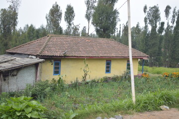 Rural view of houses on a hillside and farmland under a cloudy sky