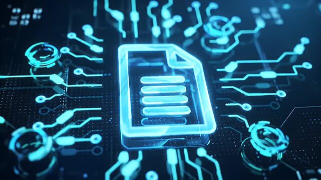 Document Icon Glowing on Electronic Circuit Board Data Transfer