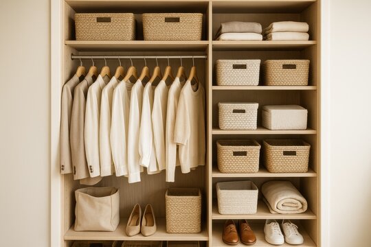 Perfectly organized walk-in closet with custom storage solutions wicker baskets and efficient space management for home organization inspiration