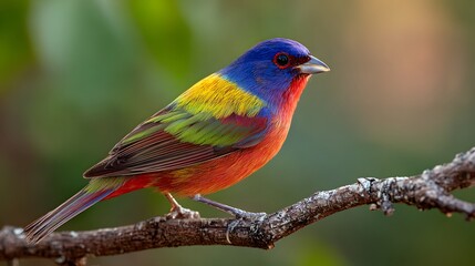 Obraz premium A painted bunting perched on a branch displaying its vibrant plumage in detail