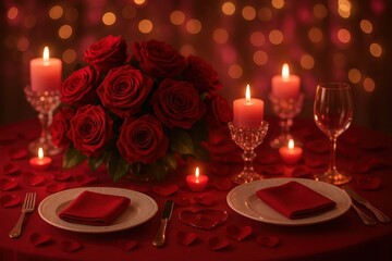 Romantic Valentine's dinner table setting with floating heart-shaped rose petals and candlelight