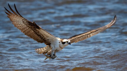 Osprey in flight carrying a fish over water with wings fully extended in daylight