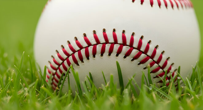 Close-up of a baseball on green grass