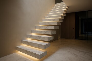Naklejka premium Sculptural floating marble staircase with integrated LED lighting in luxury residence