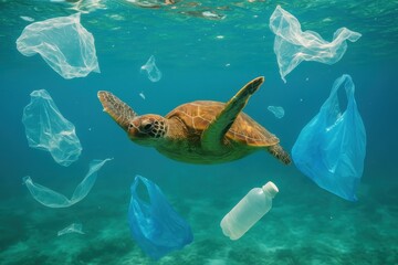 Fototapeta premium Sea turtle swimming through ocean debris highlighting marine conservation message