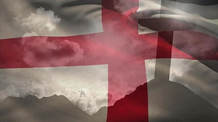 Steady breeze initiating translucent red-cross flag drifting unfurling rippling revealing peaks - Powered by Adobe