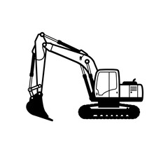 Naklejka premium A black and white illustration of an excavator with a raised arm and a bucket.