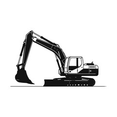 Silhouette of a heavy-duty excavator, side view, showing detailed arm and track mechanisms.