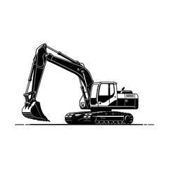 Black and white illustration of a large excavator with its bucket extended, isolated on a white background.