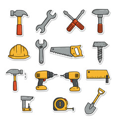 A collection of colorful cartoon construction tools and safety equipment.