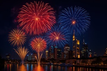 Fototapeta premium Spectacular New Year's Eve fireworks display over metropolitan city skyline with brilliant colors illuminating night sky for celebration content