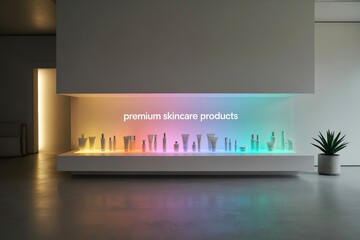 Modern skincare display with colorful lighting and minimalist aesthetic in a stylish interior space.