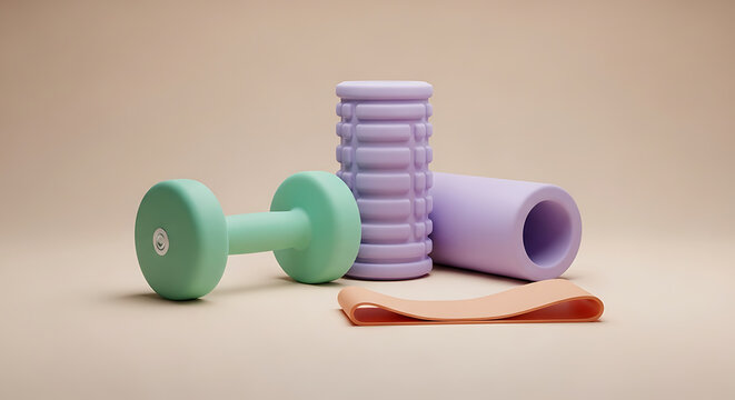 A dumbbell, foam rollers, and resistance band are arranged on a neutral surface, suggesting fitness or exercise equipment.