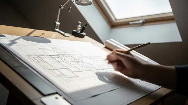 Architect Hand Drafting House Plan on Drawing Board Under Skylight in Studio Video