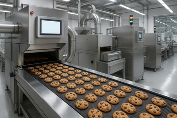 Automated chocolate chip cookie production line in modern industrial bakery facility